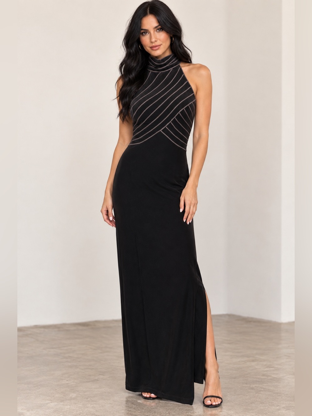 Hugo Buscati Brown Velvet Halter Maxi Dress Contrast Piping Y2K goth